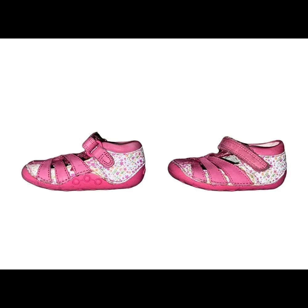 Clarks First Shoes Pink White Floral Leather Strappy Sandals Baby Girl 2.5 GUC